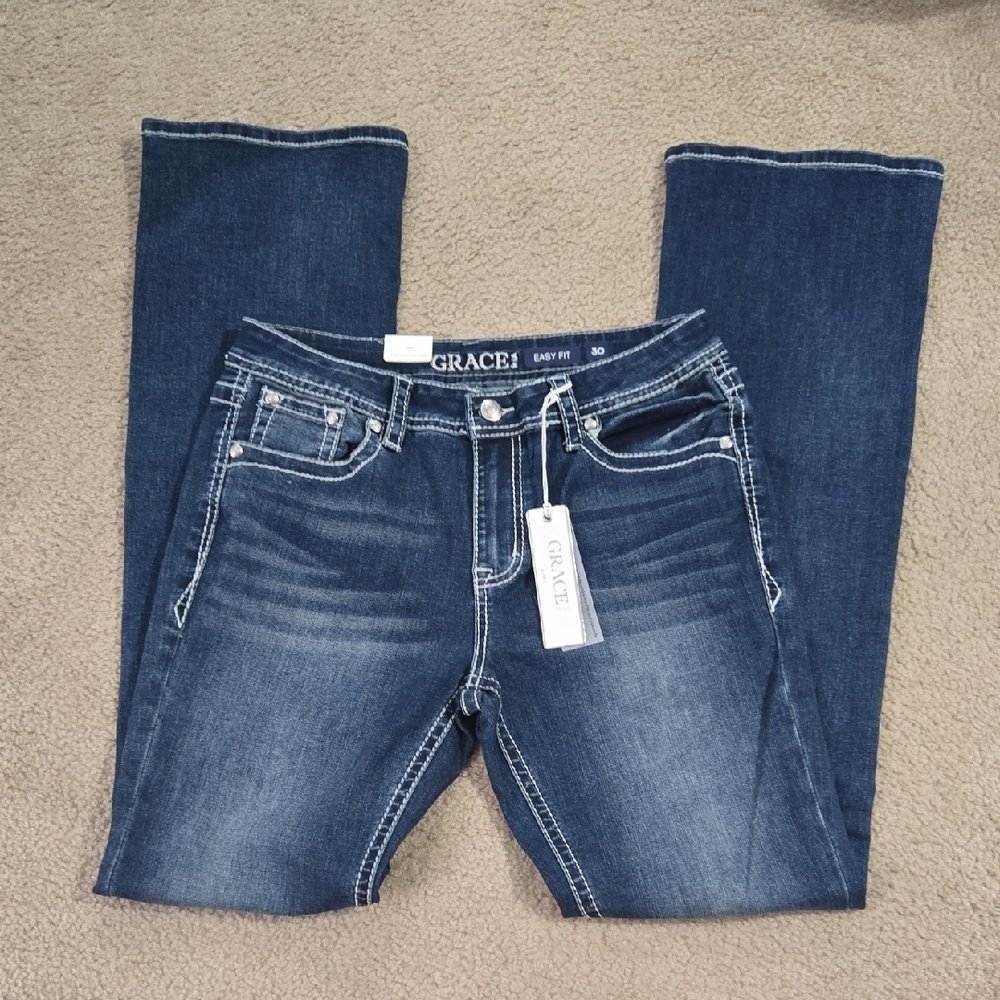 Grace in LA Blue Boot Cut Jeans with Embellished Pockets - Picture 4 of 11